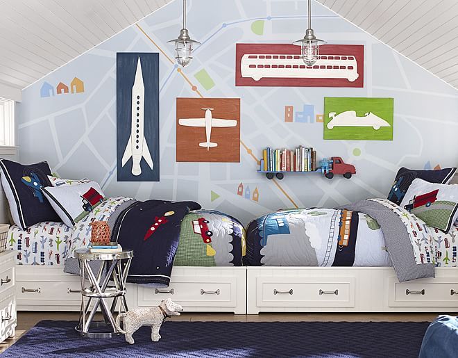 Papel de parede para quarto de menino com caminhão, ônibus, avião, foguete